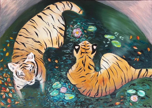 Tigers in the Lotus Garden - print